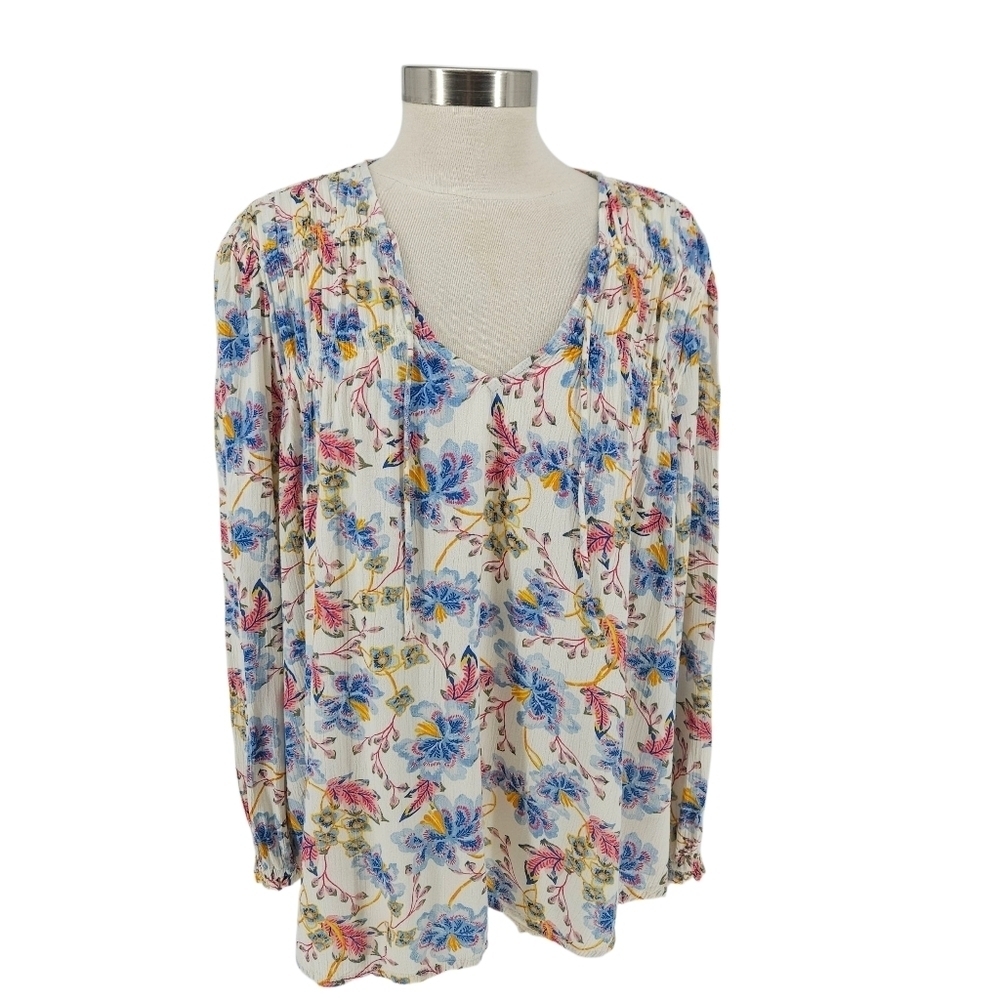 Old Navy Shirt White Floral Long Sleeve V Neck Ruched Boho Peasant Top XL